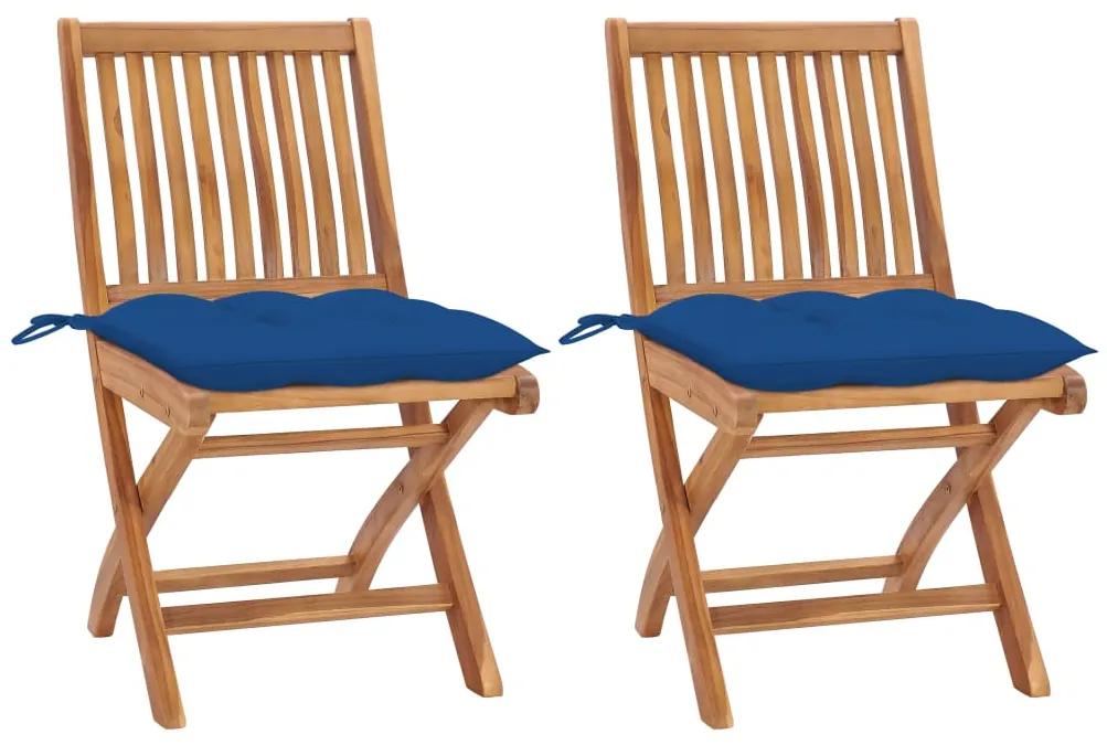 Záhradné stoličky 2 ks, modré podložky, tíkový masív 3062458