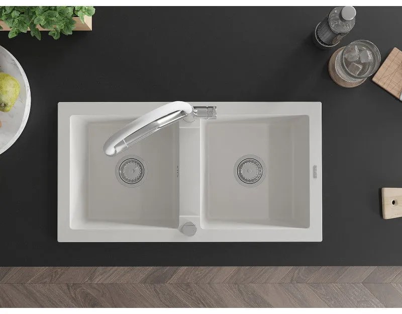 Mexen Mario, granitový drez 820x436x161 mm, 2-komorový a drezová batéria Duo, biela, 6504-20-671701-02