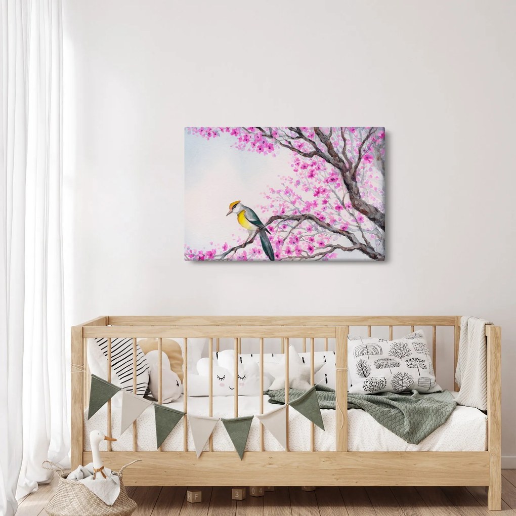 Obraz - Vtáčik na strome s ružovými kvetmi (90x60 cm)