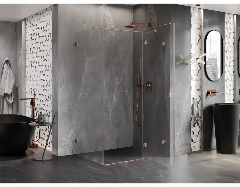 Mexen Lunar T, výklopný pravý sprchový kút 140 x 90 cm, 8mm číre sklo, profil medená matná, 834T-140-090-65-00-P