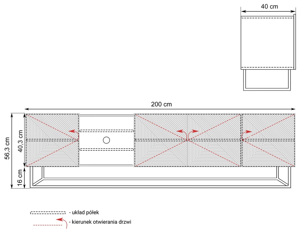 TV stolík Asha 200 cm na čiernom podstavci s 3 otvorenými policami - artisan / čierny mat