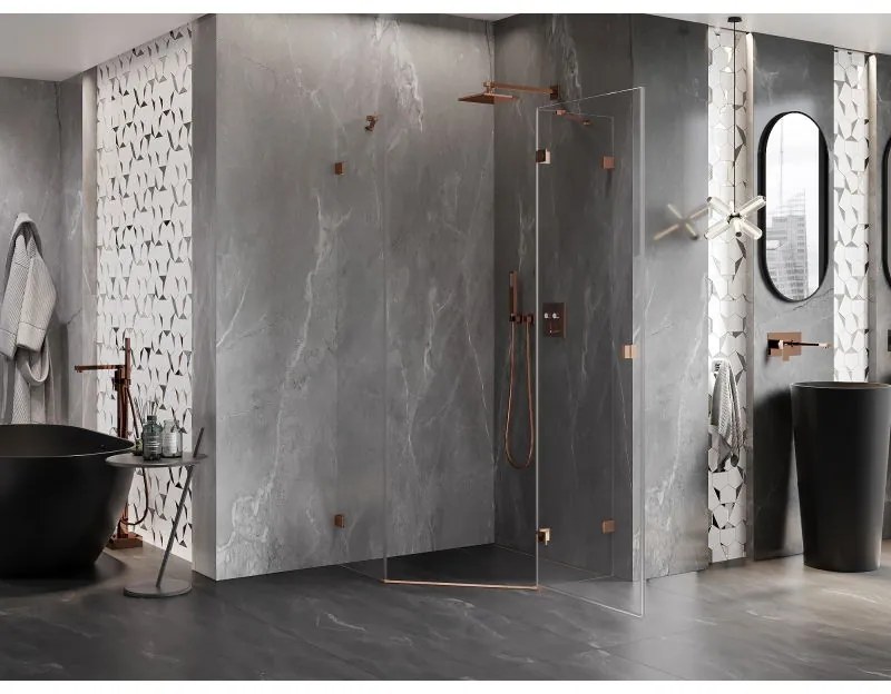 Mexen Lunar, pravý výklopný päťuholníkový sprchový kút 100 x 100 cm, 8mm číre sklo, profil ružové zlato, 831-100P-100L-60-00-P