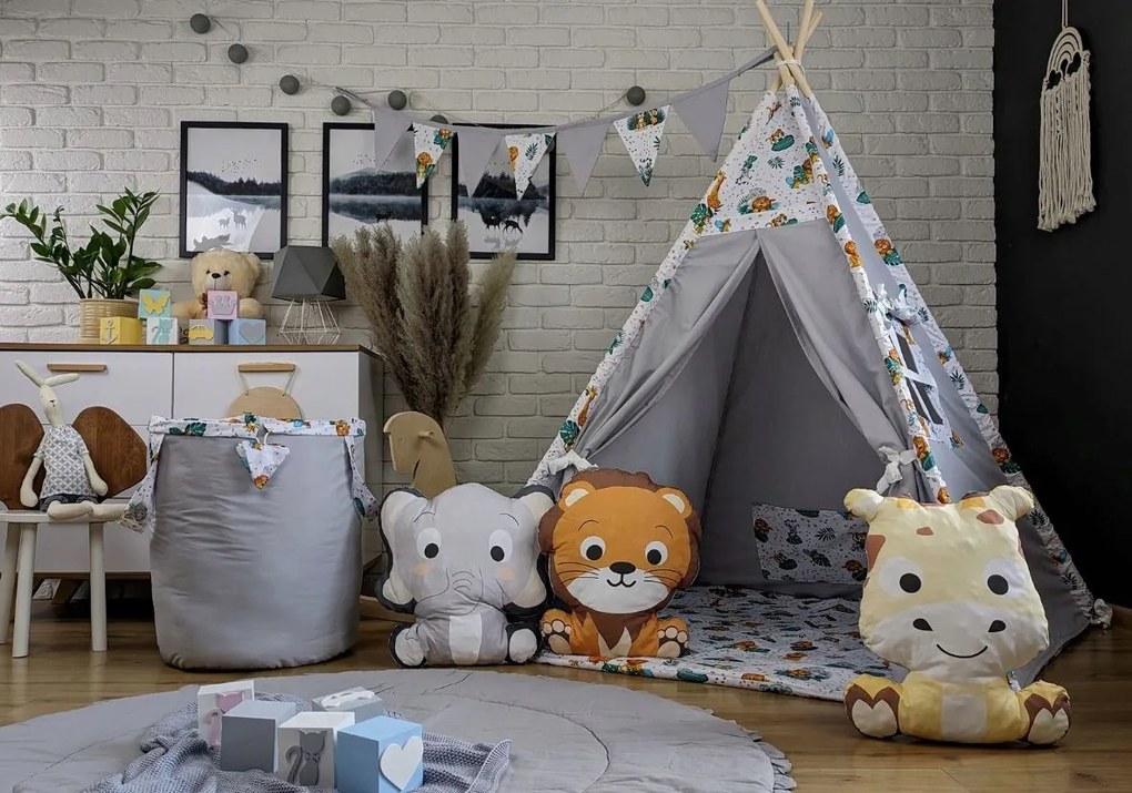 Detský stan TEEPEE (TÝPIE) ANIMALS s doplnkami - JUNGLE - šedý