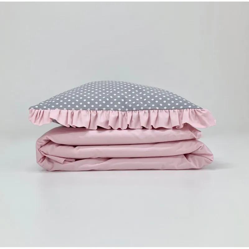 Bavlnená posteľná bielizeň sivá s bodkami a púdrovo ružovým volánikom