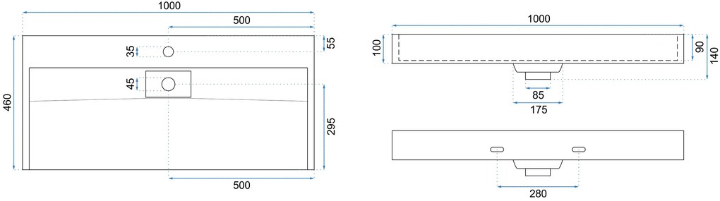Rea Goya, umývadlo na dosku 100x46x14 cm, konglomerát, biela lesklá, REA-U8903