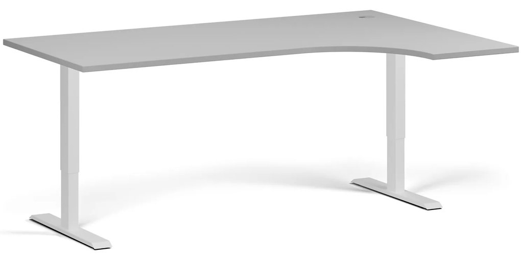 Rohový výškovo nastaviteľný stôl, 180x120 cm, 1 motor, L/P, biela podnož, sivá