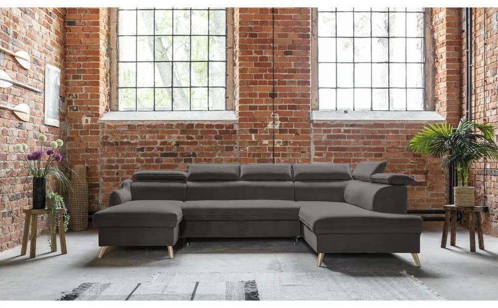 Tmavosivá zamatová rozkladacia rohová pohovka do "U" (pravý roh) Sweet Harmony – Miuform