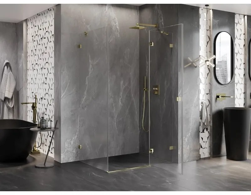 Mexen Lunar, pravostranný výklopný sprchový kút 85 x 70 cm, 8mm číre sklo, zlatý profil, 834-085-070-50-00-P
