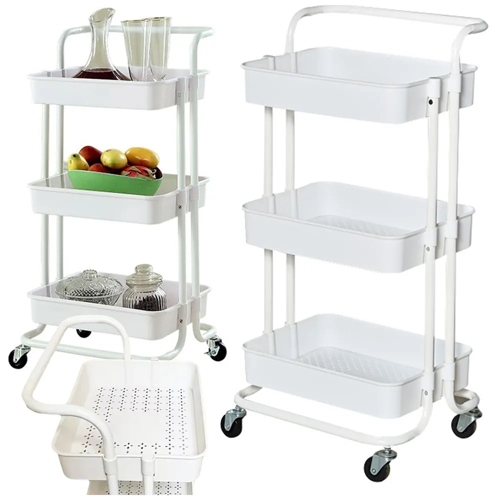 VERK GROUP Vozík s 3 košíkmi, na kolieskach, multifunkčný - biely FERRO