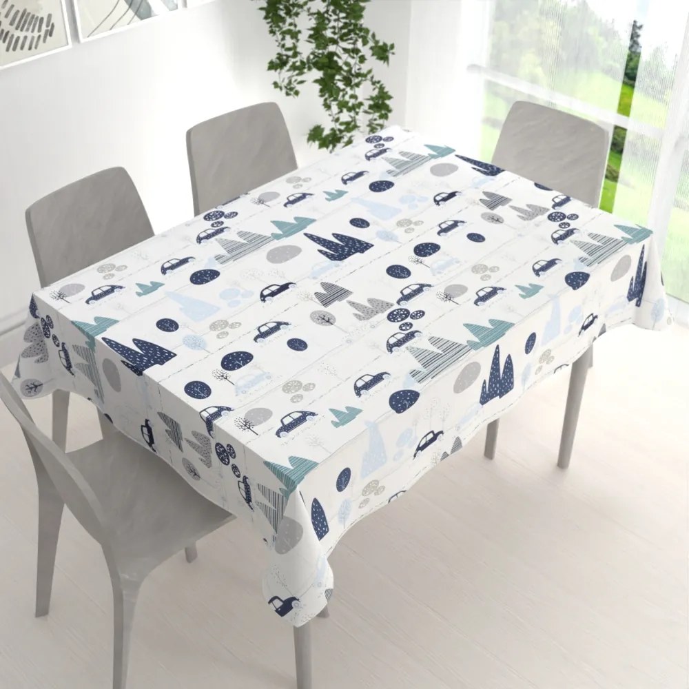 Biante Detský bavlnený obdĺžnikový obrus Sandra SA-685 Modré autá medzi stromami na bielom 140x160 cm