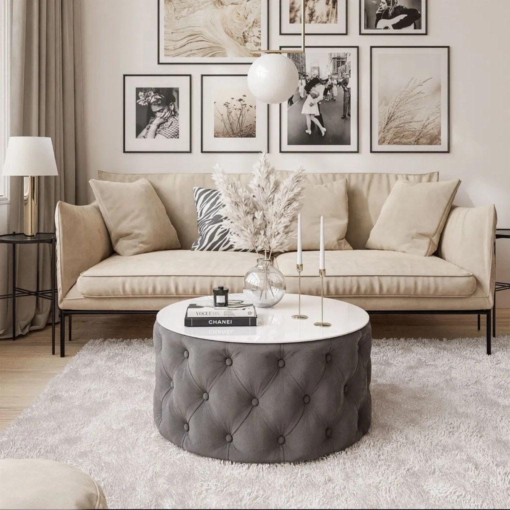 KONFERENČNÝ STOLÍK CARLY 70 cm CHESTERFIELD + BIELE SKLO JASMINE 96