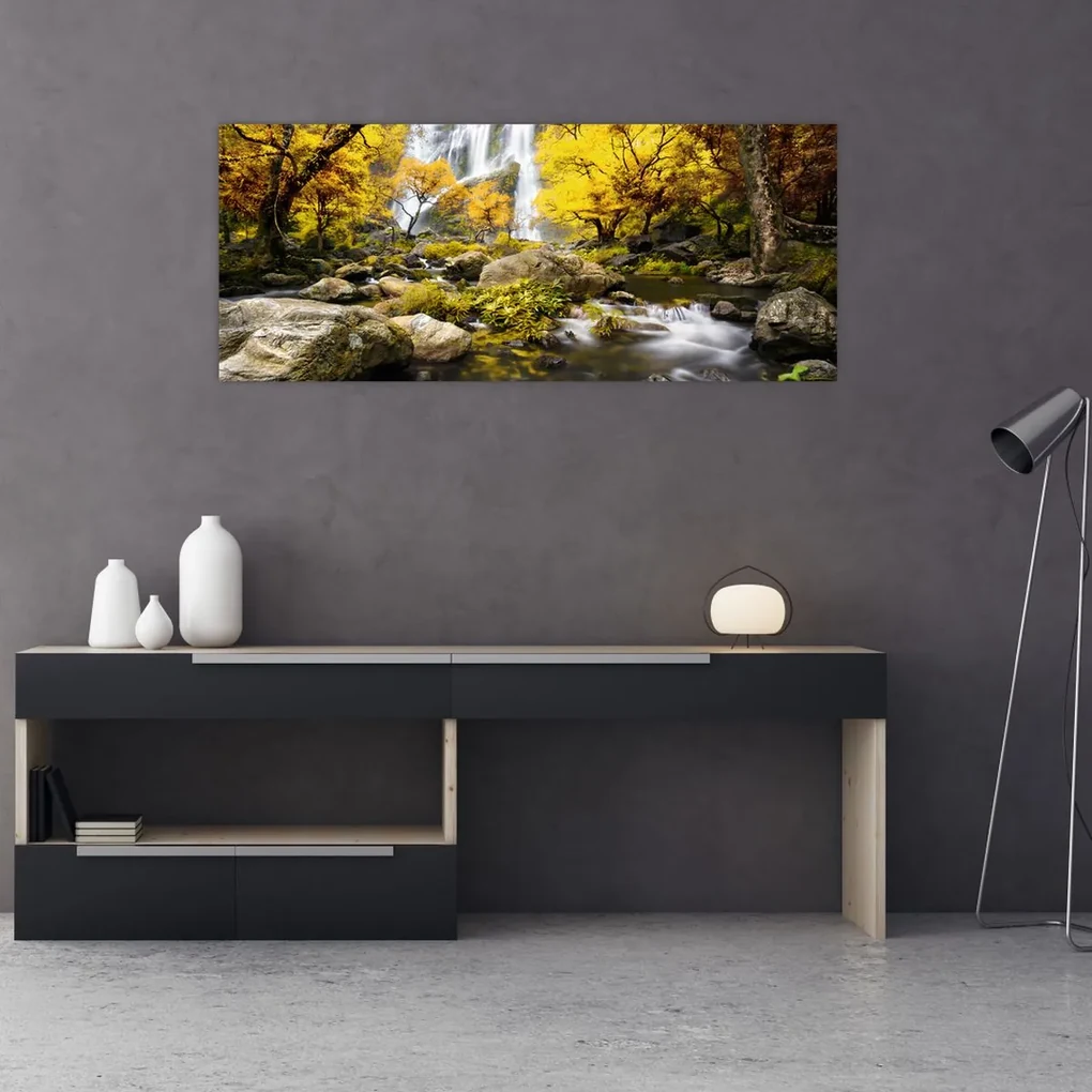 Obraz - Vodopády v jesennej krajine, žlté (120x50 cm)