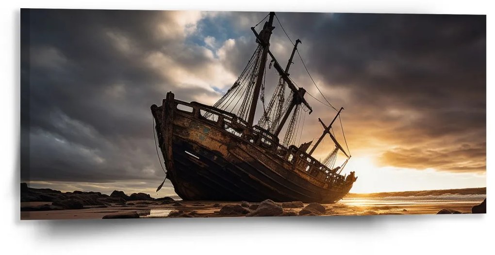 Sablio Obraz Vrak lode pri západe slnka - 110x50 cm