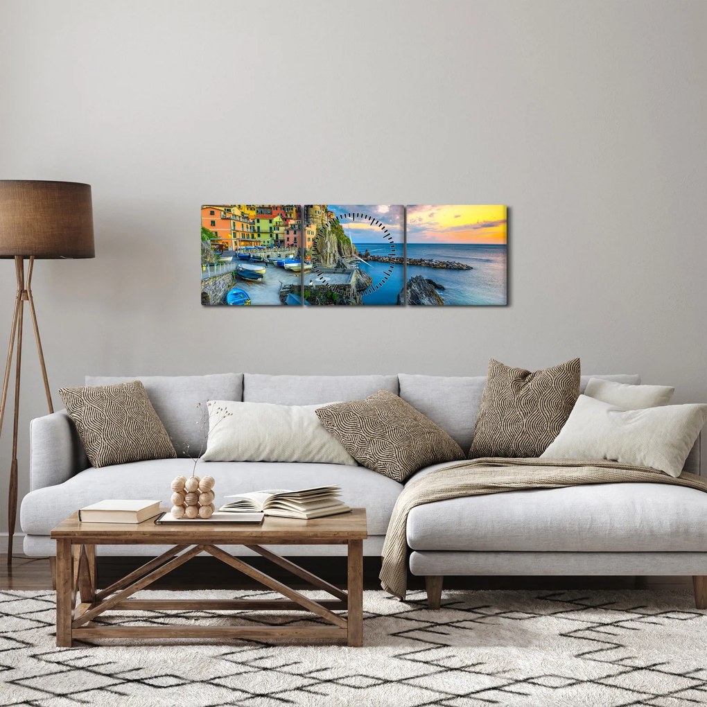 Obraz - Stredomorská dedina (s hodinami) (90x30 cm)