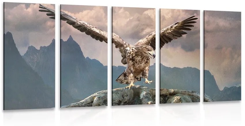 5-dielny obraz orol s roztiahnutými krídlami nad horami