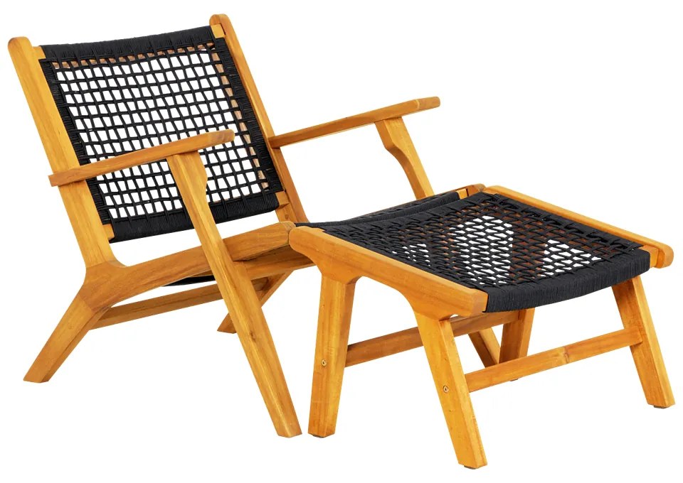Záhradné kreslo Cali s podnožkou, 81 × 66 × 71 cm, agátové drevo, textil, čierne, prírodné