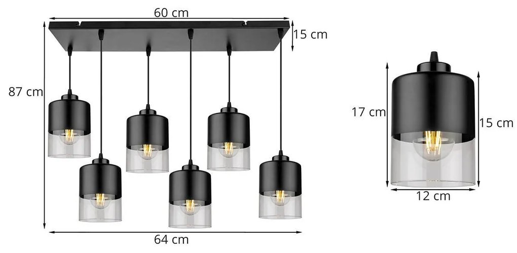 Závesné svietidlo Roma, 6x čierne/transparentné sklenené tienidlo