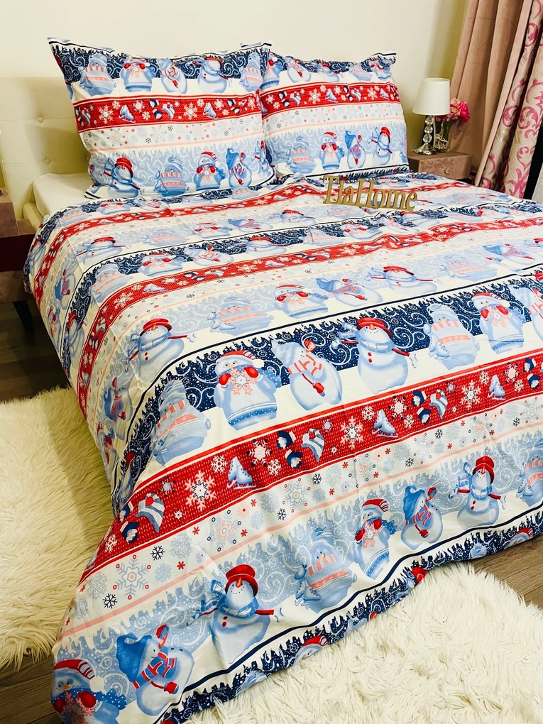 Obliečky bavlnené Vianočné Snowman modré TiaHome - 1x Vankúš 90x70cm, 1x Paplón 140x200cm