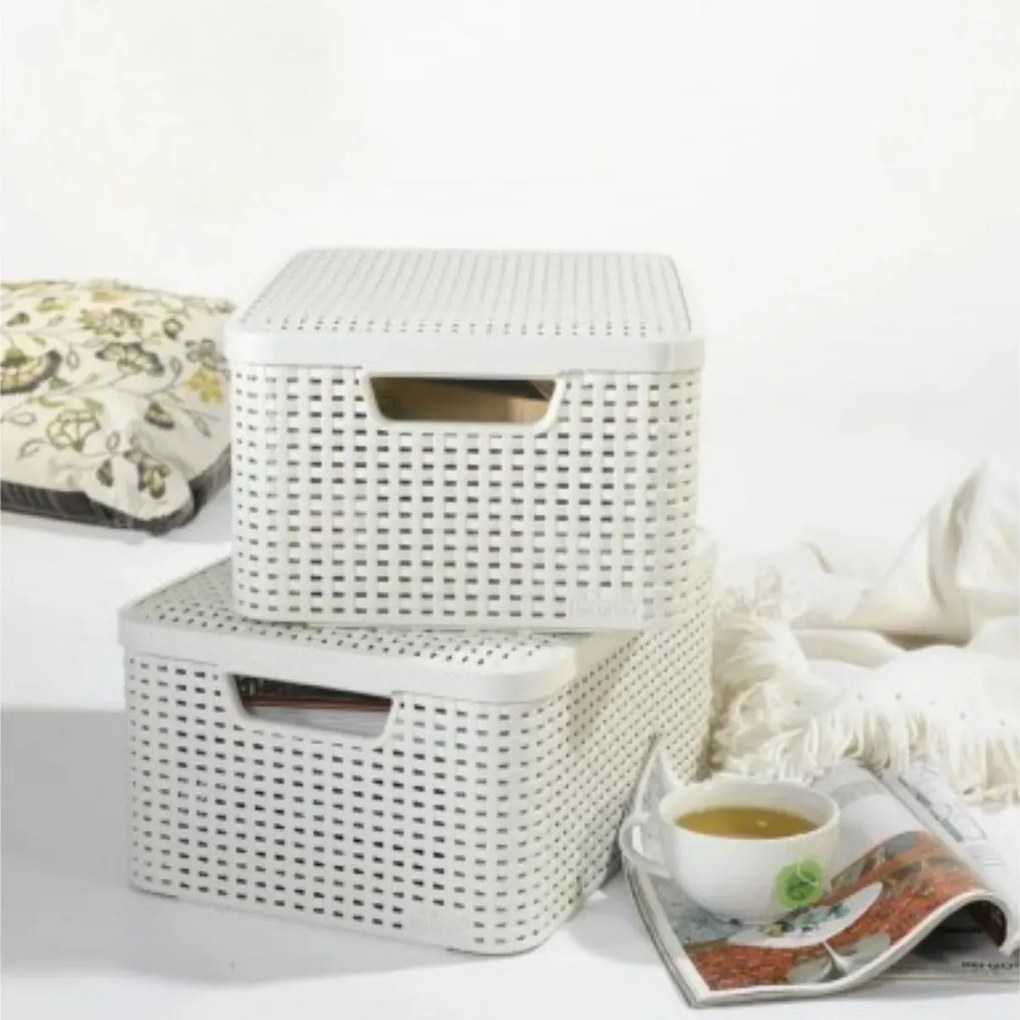 Úložný box, ratanový košík, STYLE2 Curver s vekom, krémový (39 x 29 x 20 - 18 l)