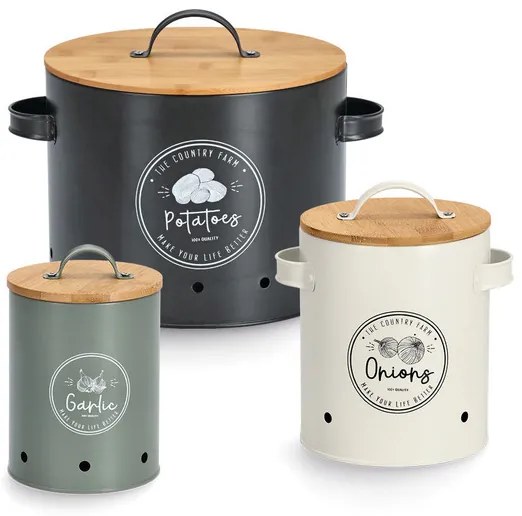 Zeller Present Súprava 3 plechových dóz na cibuľu, cesnak a zemiaky s bambusovým viečkom FARM