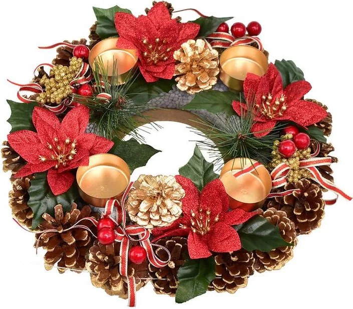 Adventný šiškový veniec POINSETTIA s mašľou 30 cm