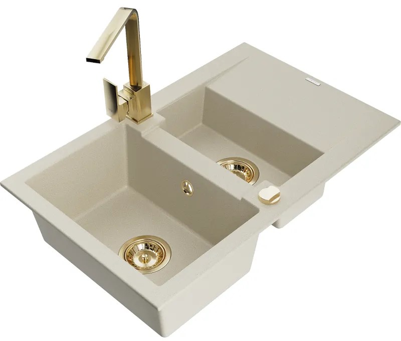 Mexen Gaspar, granitový drez 737x475x177 mm, 1,5-komorový a zlatá batéria Rita, béžová, 6507-69-670300-50