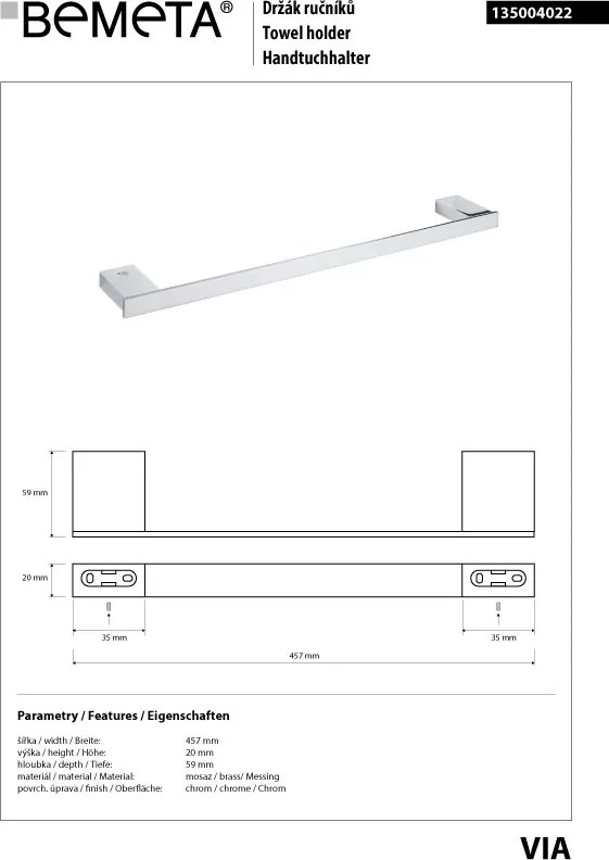 Bemeta Design VIA: Držiak uterákov, 410 mm - 135004022