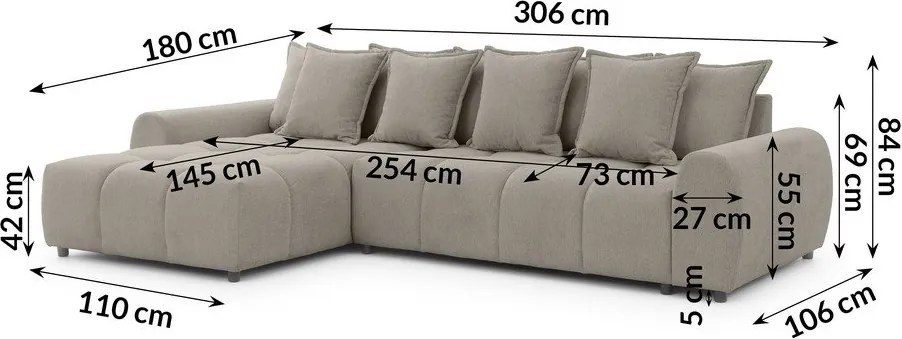 Taupe rohová pohovka (ľavý roh/s leňoškou) Albane – Ropez
