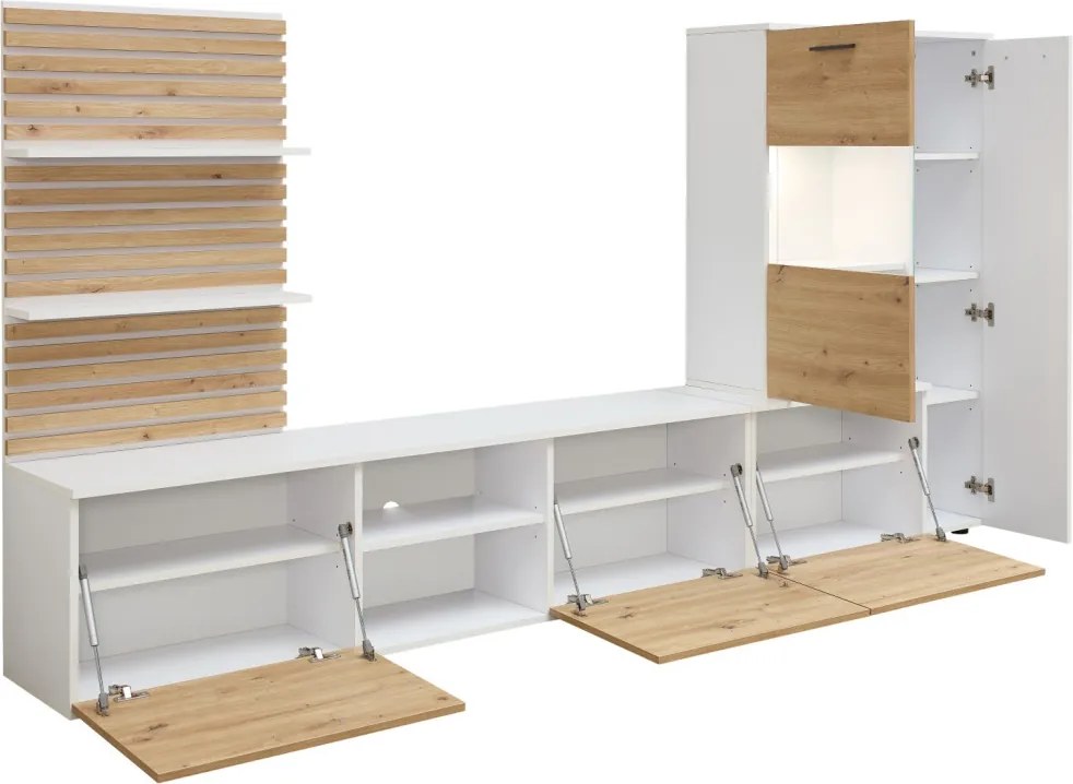 Obývacia stena Heathrow, biela/dub artisan, s osvetlením