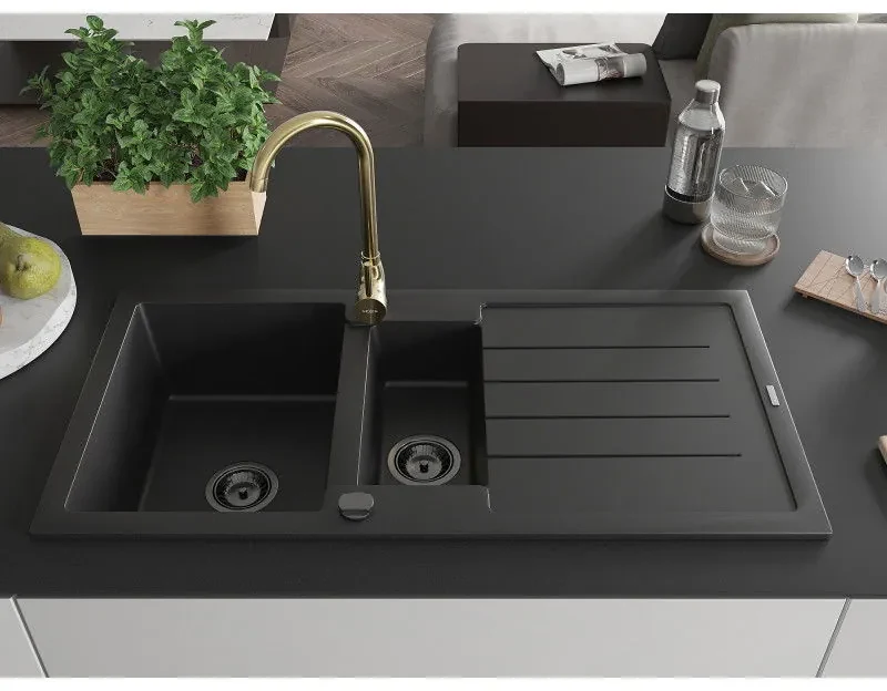Mexen Andres, granitový drez 1000x500x200 mm, 1,5-komorový a drezová batéria Telma, čierna, 6515-77-670200-50-B