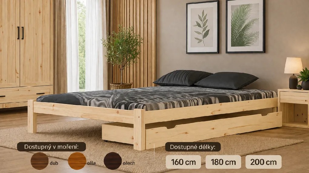 Zásuvka pod posteľ z masívu borovice Barva: dub, Dĺžka: 200 cm
