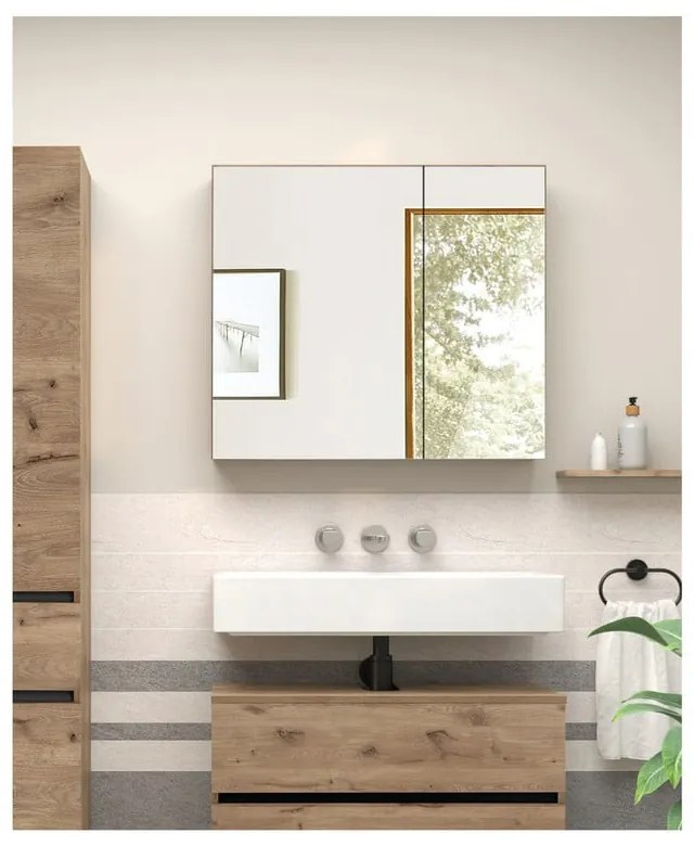 Závesná kúpeľňová skrinka so zrkadlom v dekore duba v prírodnej farbe 80x70 cm Wisla – Støraa
