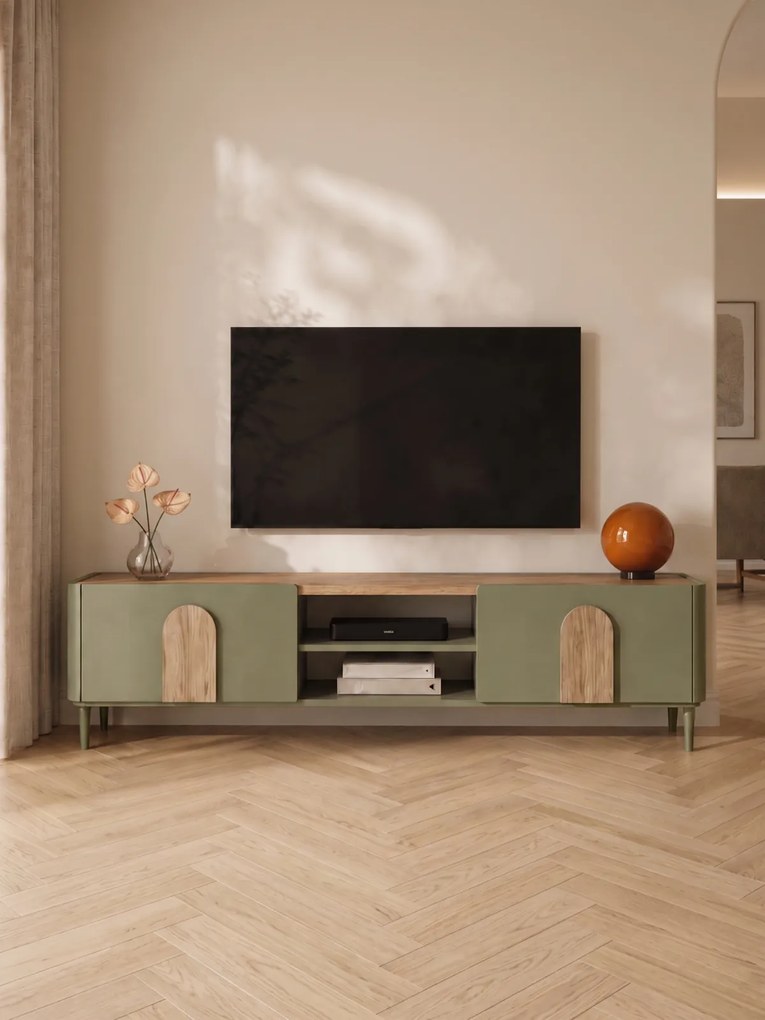TV stolík Amilio 220 cm na nožičkách - eukalyptus / dub baltic dune / dub prírodný