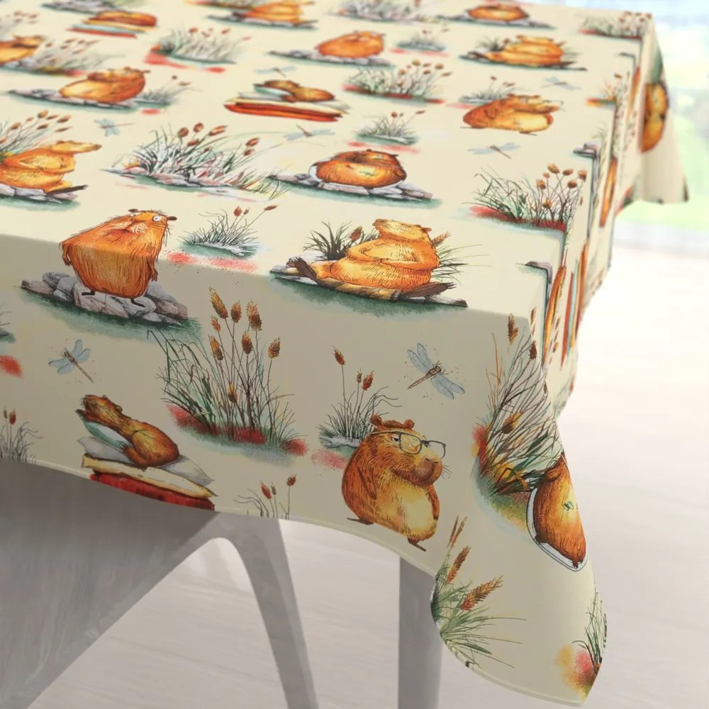 Biante Detský bavlnený štvorcový obrus Sandra SA-710 Kapybary na krémovom 150x150 cm