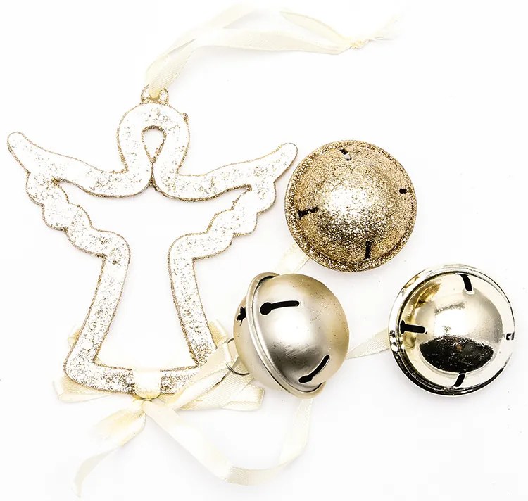 DECOLED Závesná dekorácia z akrylu, anjel, 9,5 cm s tromi 4 cm zvončekmi