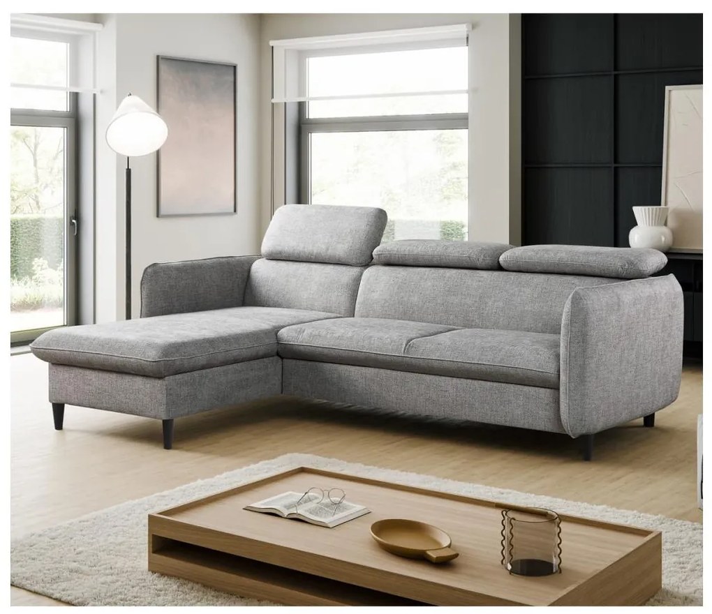 Rozkladacia rohová sedacia súprava do tvaru L s úložným priestorom NISA, sivá, ľavé prevedenie