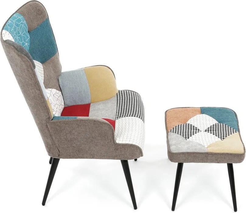 Relaxačné kreslo ušiak s taburetom ROYAL II — kov, látka, patchwork