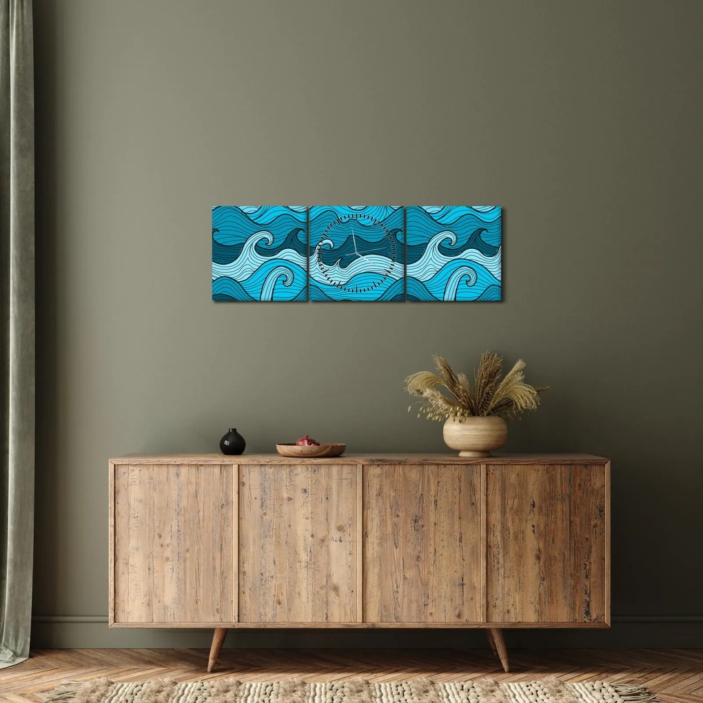 Obraz - Abstrakcia, more (s hodinami) (90x30 cm)