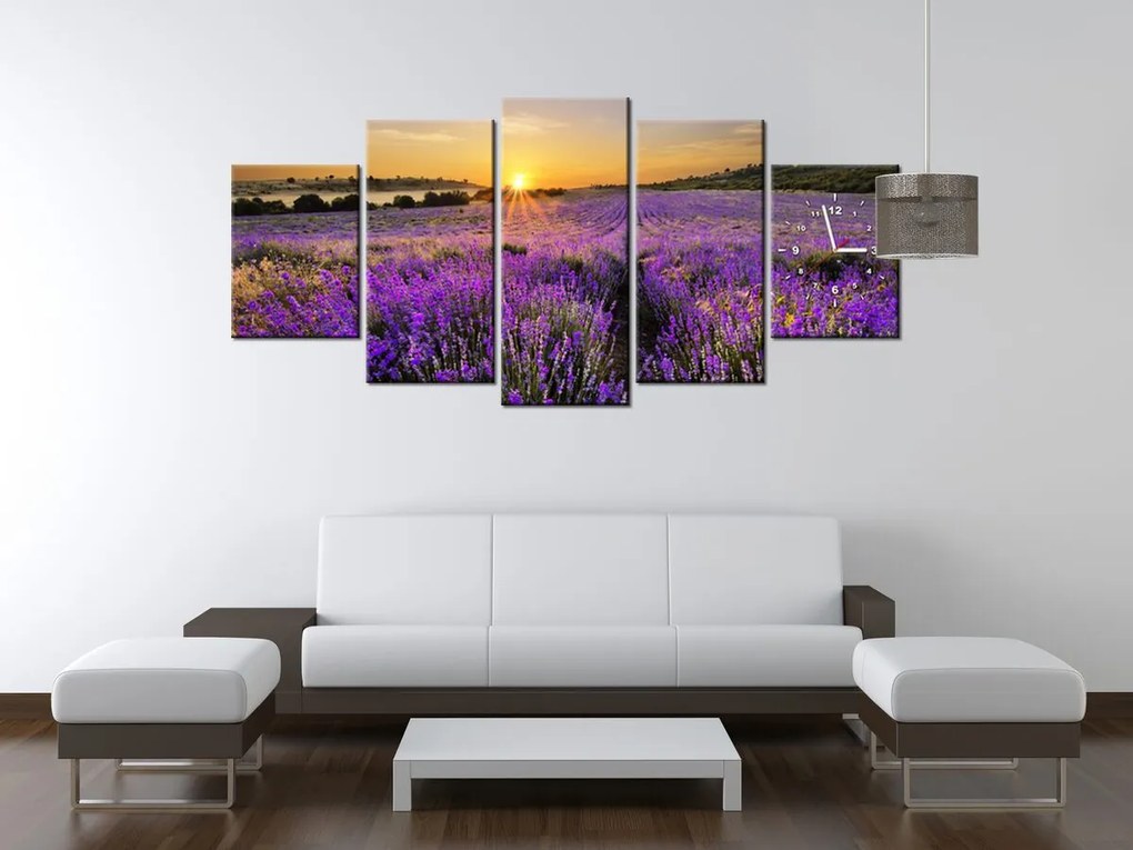 Gario Obraz s hodinami Levanduľové pole - 5 dielny Rozmery: 150 x 105 cm