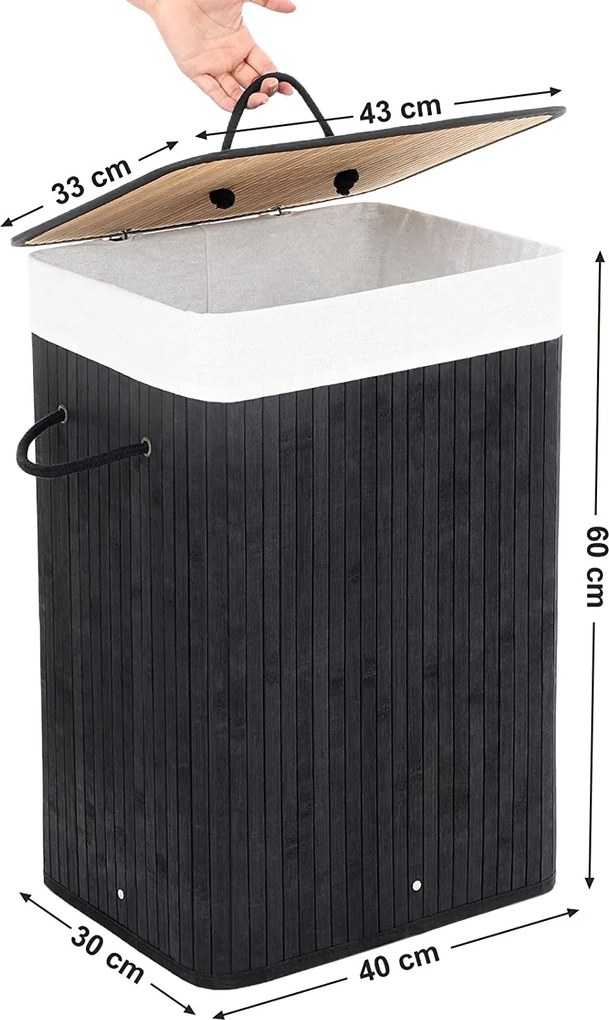 Veľký bambusový kôš na prádlo XL 72L, skladací, čierny