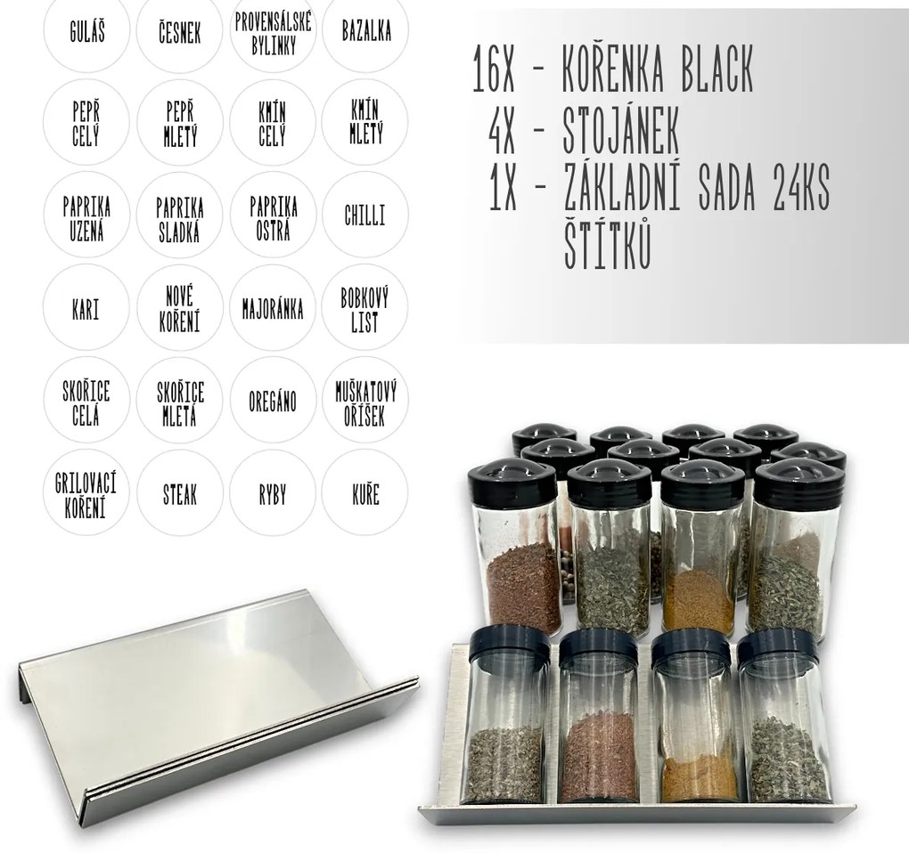 Orion Sada 16ks koreničiek BLACK 80ml + 4ks nerezový organizér na koreničky VASKY - NEREZ + sada 24ks štítkov
