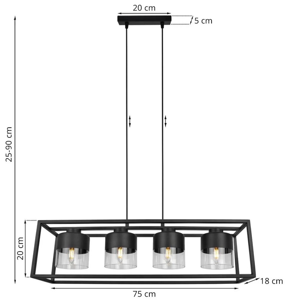 Závesné svietidlo Roma cage, 4x čierne/transparentné sklenené tienidlo v kovovom ráme