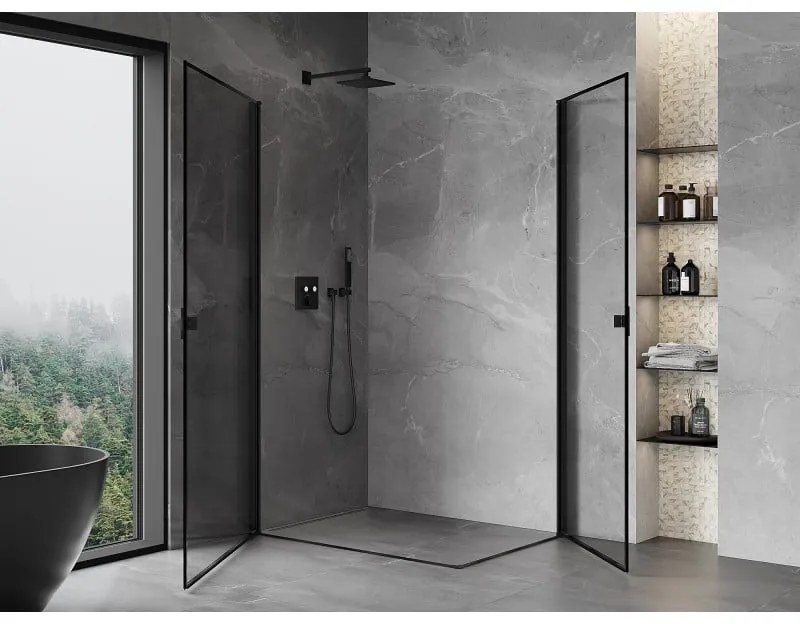 Mexen Mist-B Duo, 2-krídlový výklopný sprchový kút 100 x 90 cm, číre sklo-čierny rám, 8A2-100L-090P-70-70