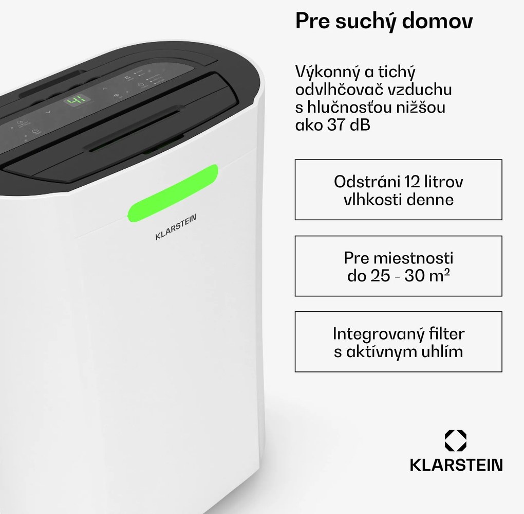 Klarstein AeroDry Smart 12 odvlhčovač vzduchu, 12 l/deň, 18 m², senzor vlhkosti, ovládanie pomocou aplikácie, 135 m³/h