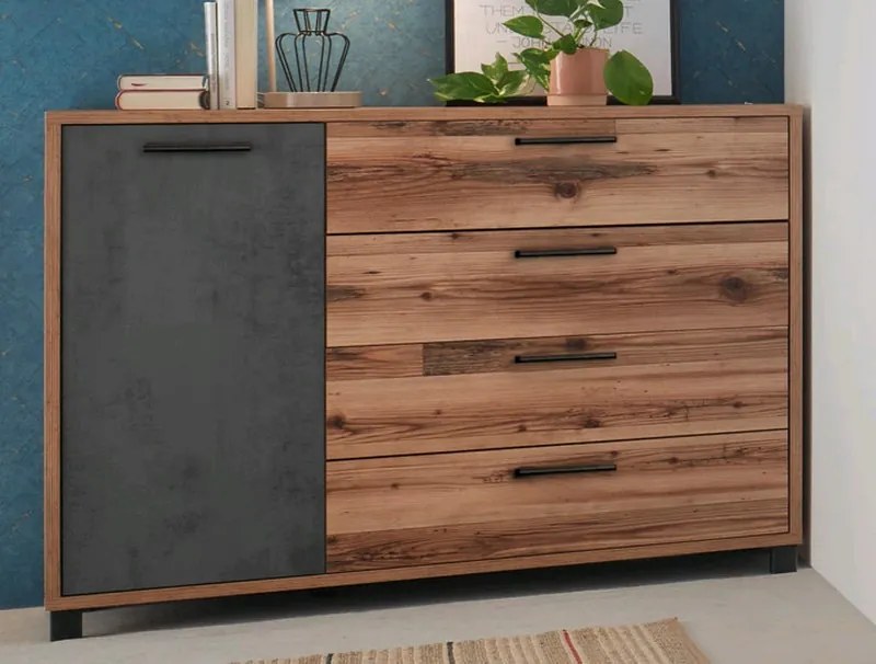 Komoda so zásuvkami Sarnia, zrubové dosky / tmavý betón