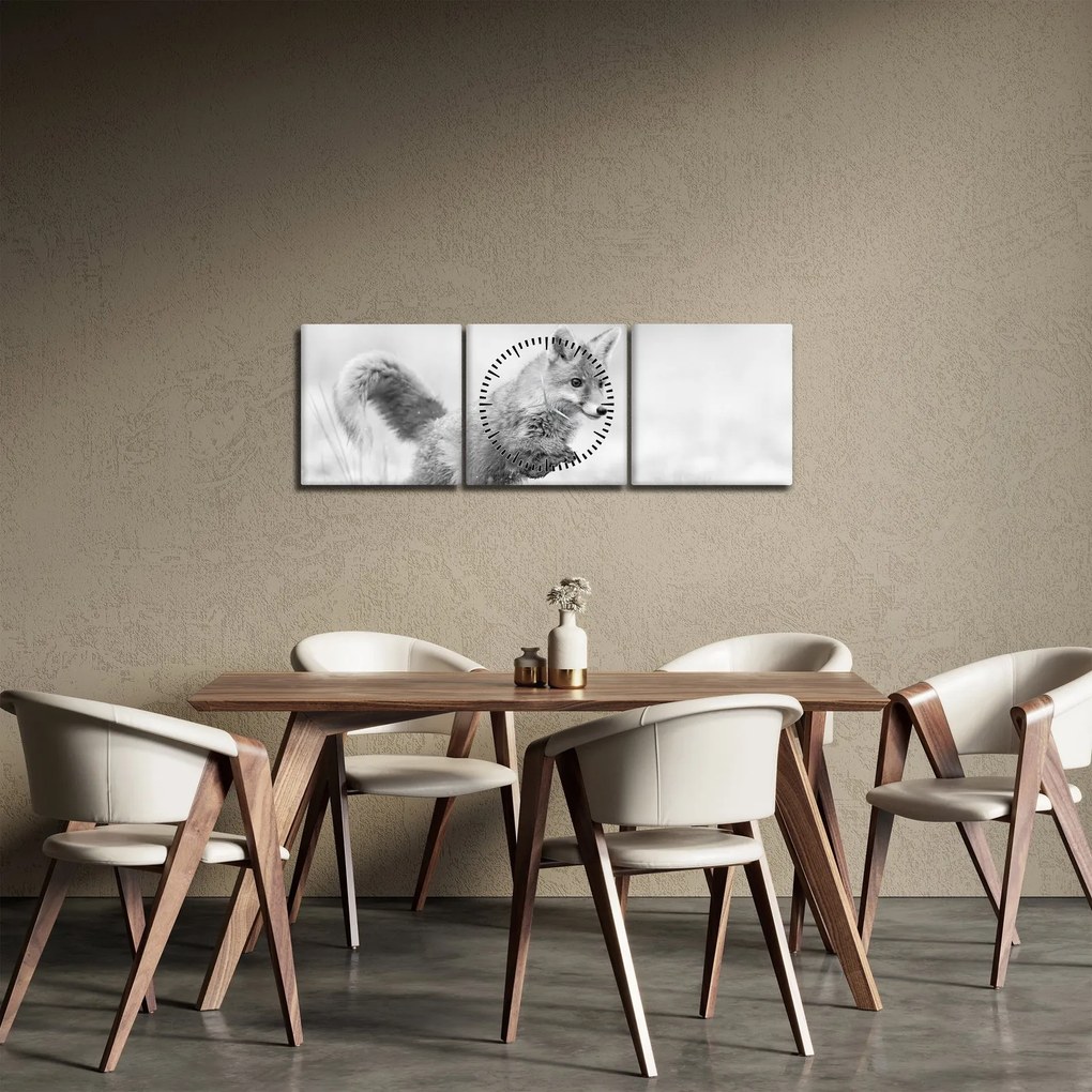 Obraz - Skákajúca líška, čiernobiela (s hodinami) (90x30 cm)