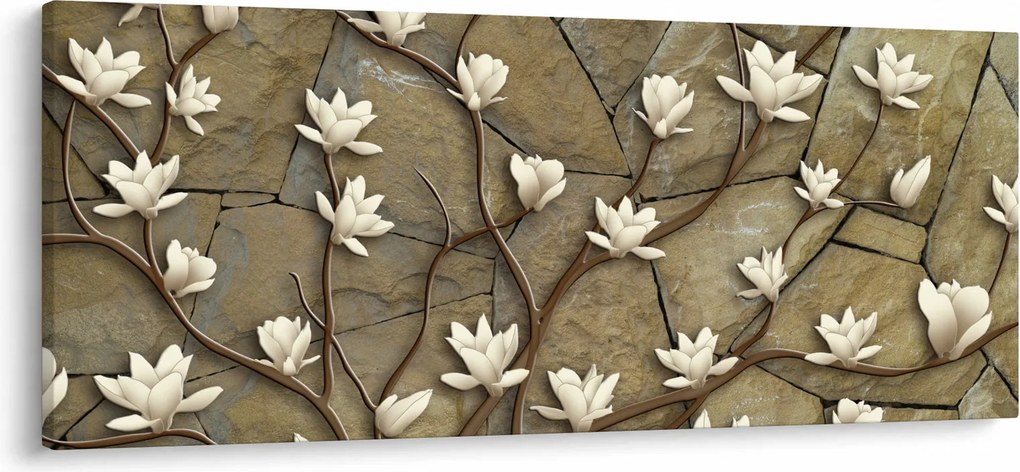 Obraz - Biele magnólie na kamennom murive (120x50 cm)