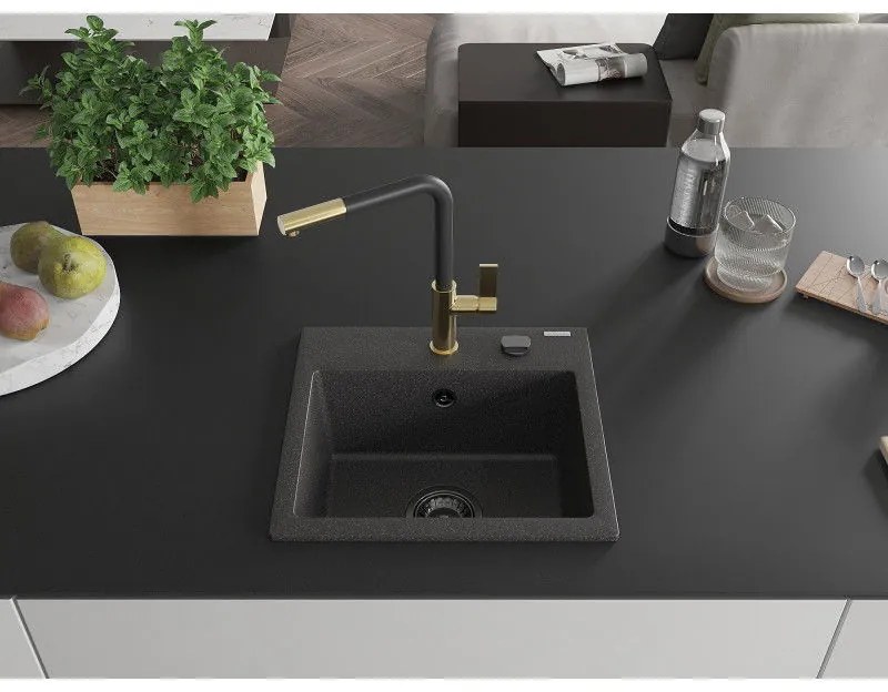 Mexen Milo, 1-komorový granitový drez 435x410x171 mm a drezová batéria Flora, čierna škvrnitá, 6505-76-670401-57-B