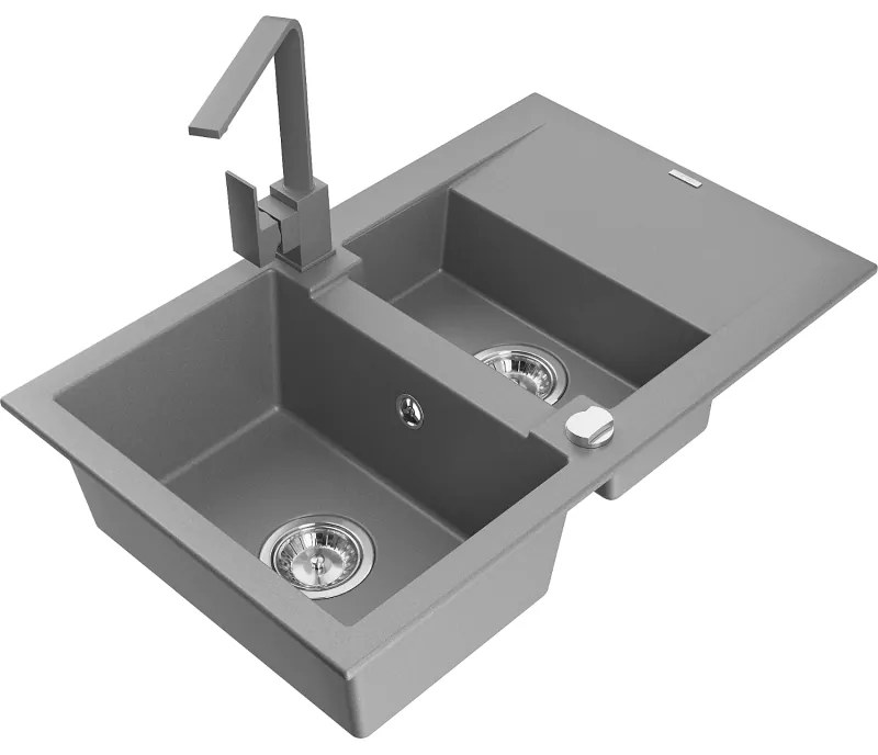 Mexen Gaspar, granitový drez 737x475x177 mm, 1,5-komorový a šedá batéria Rita, šedá, 6507-71-670300-71