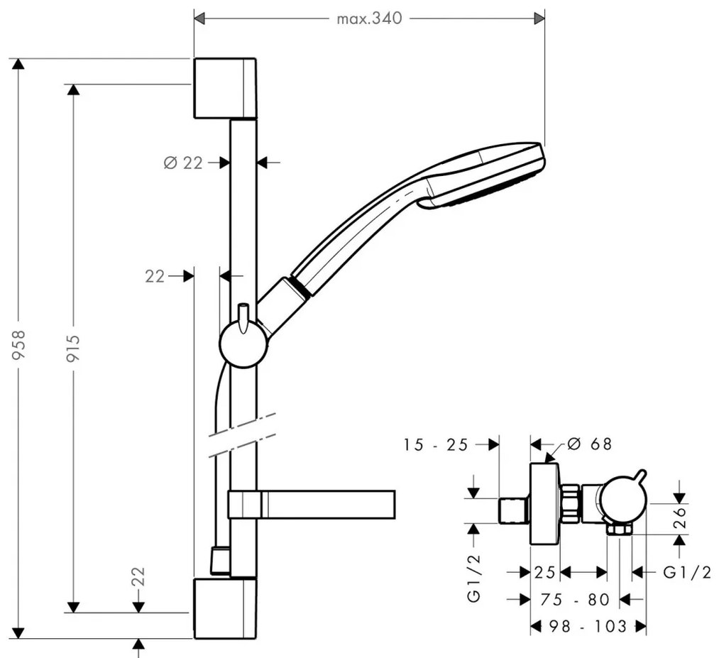 Hansgrohe Croma 100 - Vario sprchová súprava na stenu s termostatom Ecostat Comfort a sprchovou tyčou 90 cm, chróm 27035000